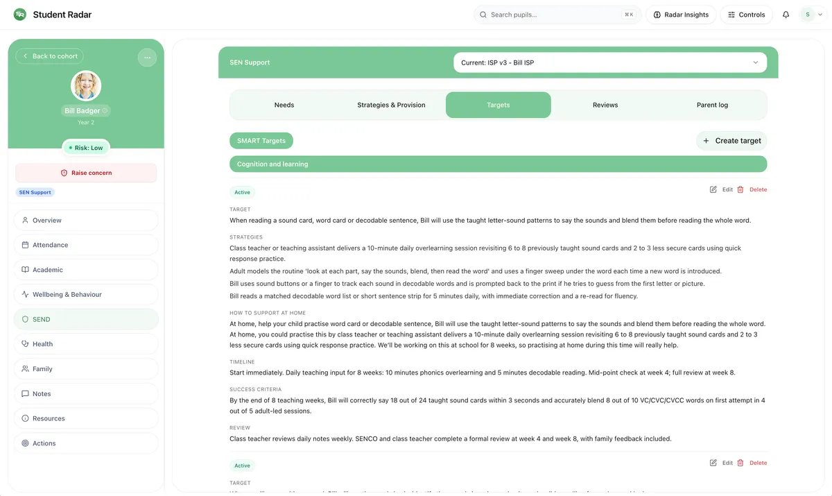 Pupil ISP open from the SEND register