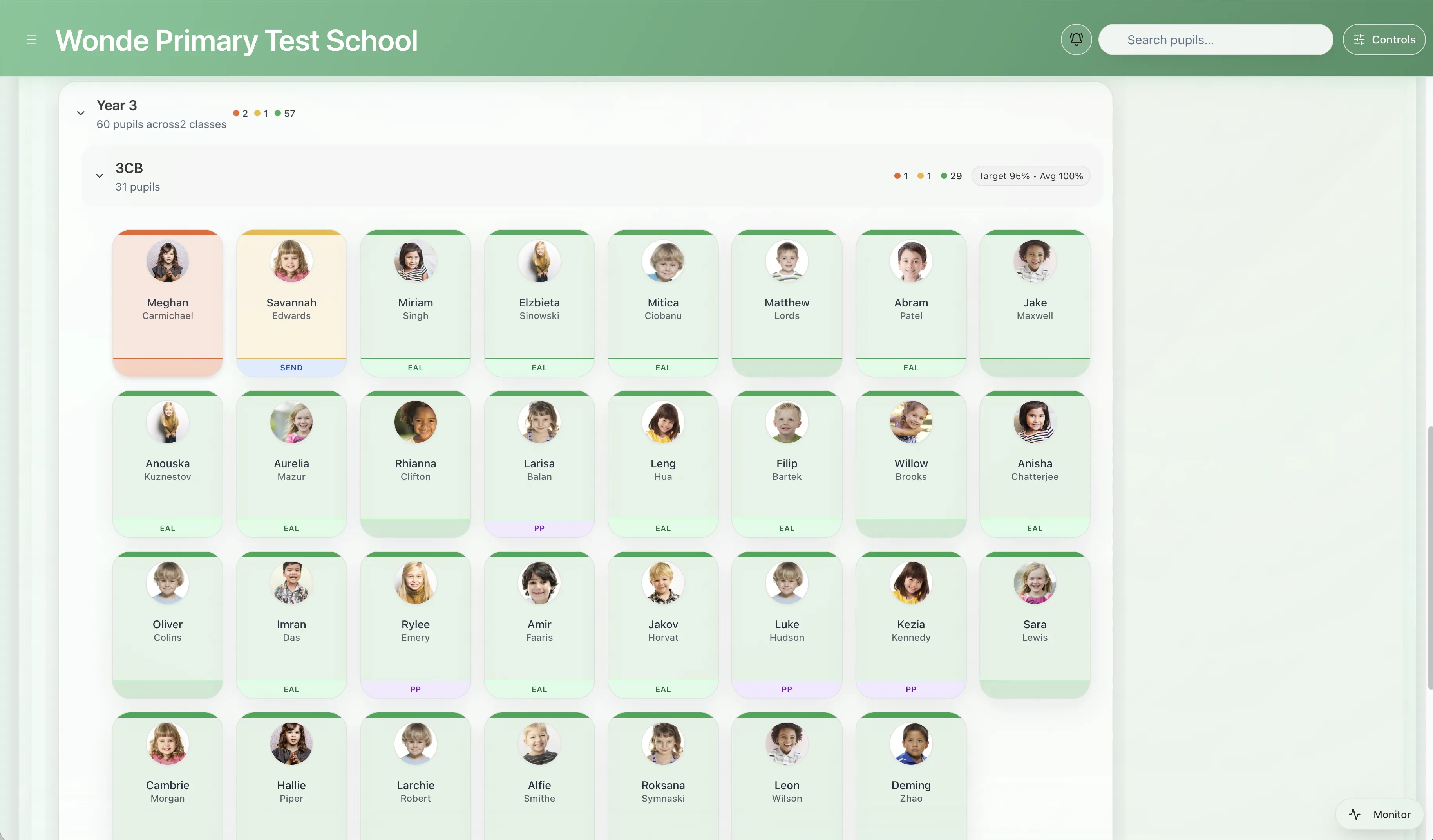 Student Radar SEND heatmap showing pupil priority tiles with color-coded risk levels